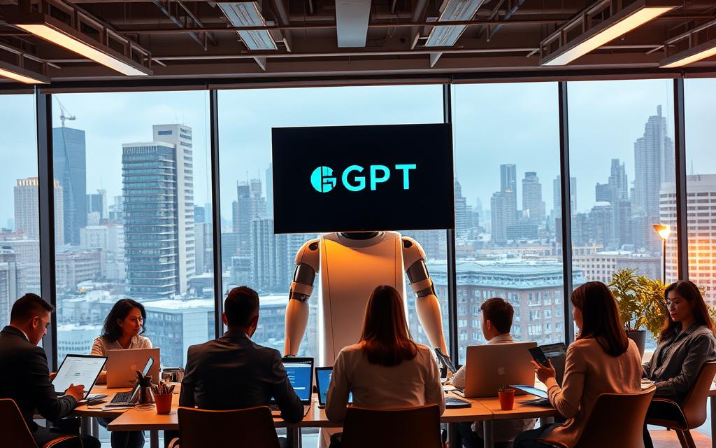 A bustling office scene, with ChatGPT at the center stage. The AI assistant stands tall, its sleek interface displayed on a large digital screen. Surrounding it, a team of professionals engages in lively discussions, laptops and spreadsheets in hand. Warm, directional lighting illuminates the space, casting a productive and collaborative atmosphere. In the background, a cityscape of skyscrapers and infrastructure hints at the commercial hub that this office is situated in. The overall composition conveys the idea of ChatGPT being a powerful tool for transforming business operations into profitable ventures.