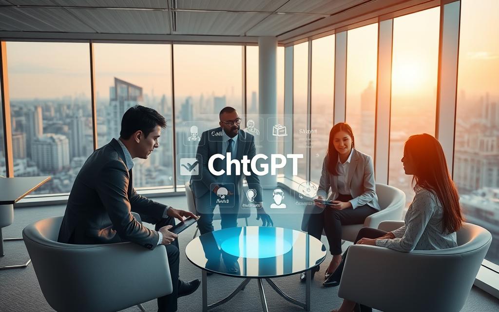 A modern office interior with sleek, minimalist furniture and large windows overlooking a bustling cityscape. In the center, a group of professionals collaboratively engaged with a holographic display of ChatGPT, its intuitive interface and powerful capabilities captivating their attention. The lighting is soft and warm, creating a productive yet relaxed atmosphere. The image conveys the seamless integration of cutting-edge AI technology into the everyday operations of a thriving enterprise, where innovation and efficiency reign supreme.