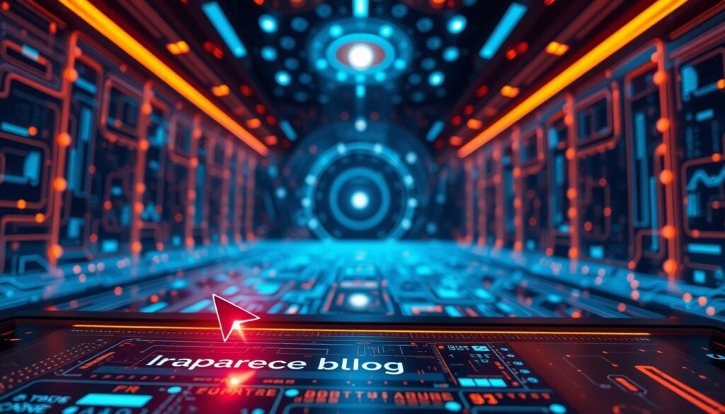 Uma cena elegante e futurista de um sistema de IA generativa em ação. Em primeiro plano, um cursor de texto estilizado paira sobre uma interface futurista, sugerindo o poder da geração de texto. O plano intermediário apresenta um turbilhão de visualizações de dados abstratas, representando a tecnologia subjacente que impulsiona o processo de geração de texto. Ao fundo, uma vasta extensão de circuitos brilhantes e fluxos de dados cria uma sensação de grandeza tecnológica, tudo banhado por um brilho ambiente e aconchegante. A estética geral transmite a natureza de vanguarda desta tecnologia de geração de texto do "blog IAPARA".